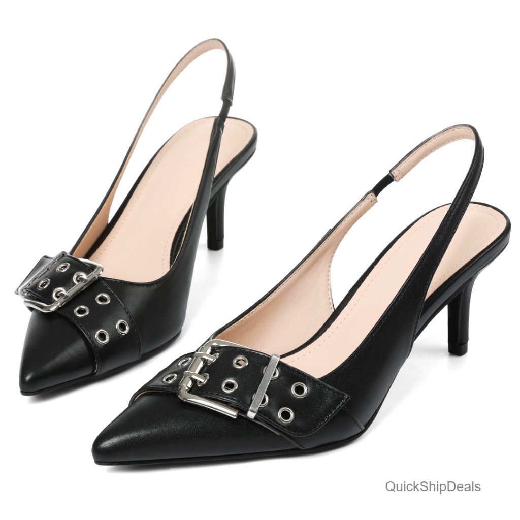 Pointed Toe Kitten Heel Pumps, Slingback Elastic Closure, Vegan Leather